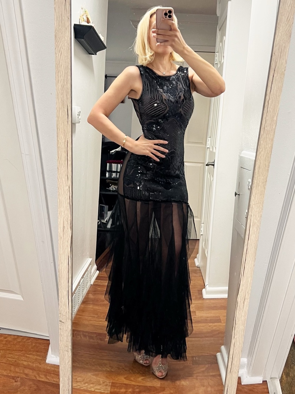 BCBGMaxAzria Black Sequined Sheer Maxi Dress